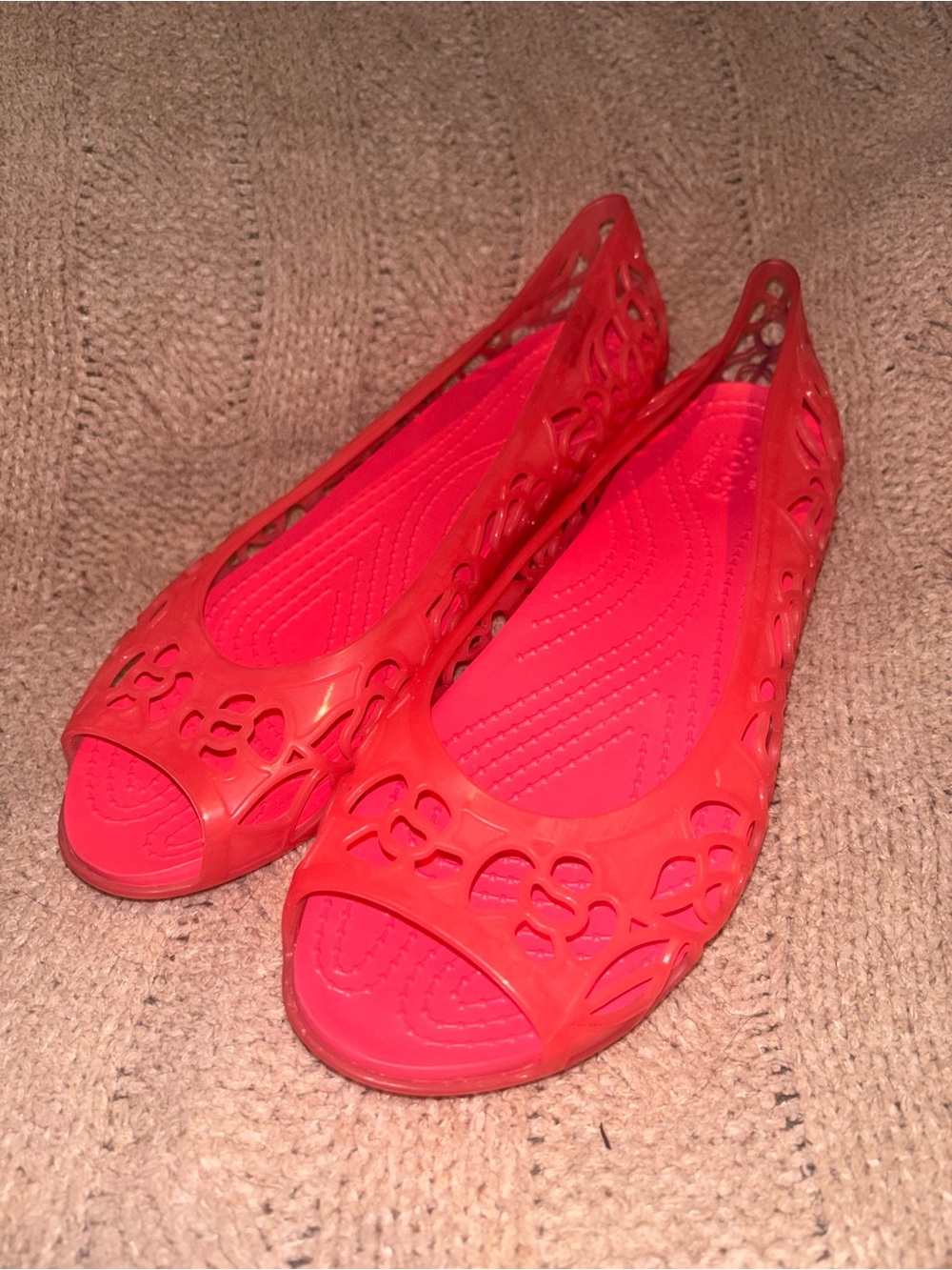 Crocs Isabella Jelly Flats Women’s Size 9 US Coral Floral Cutout Peep Toe